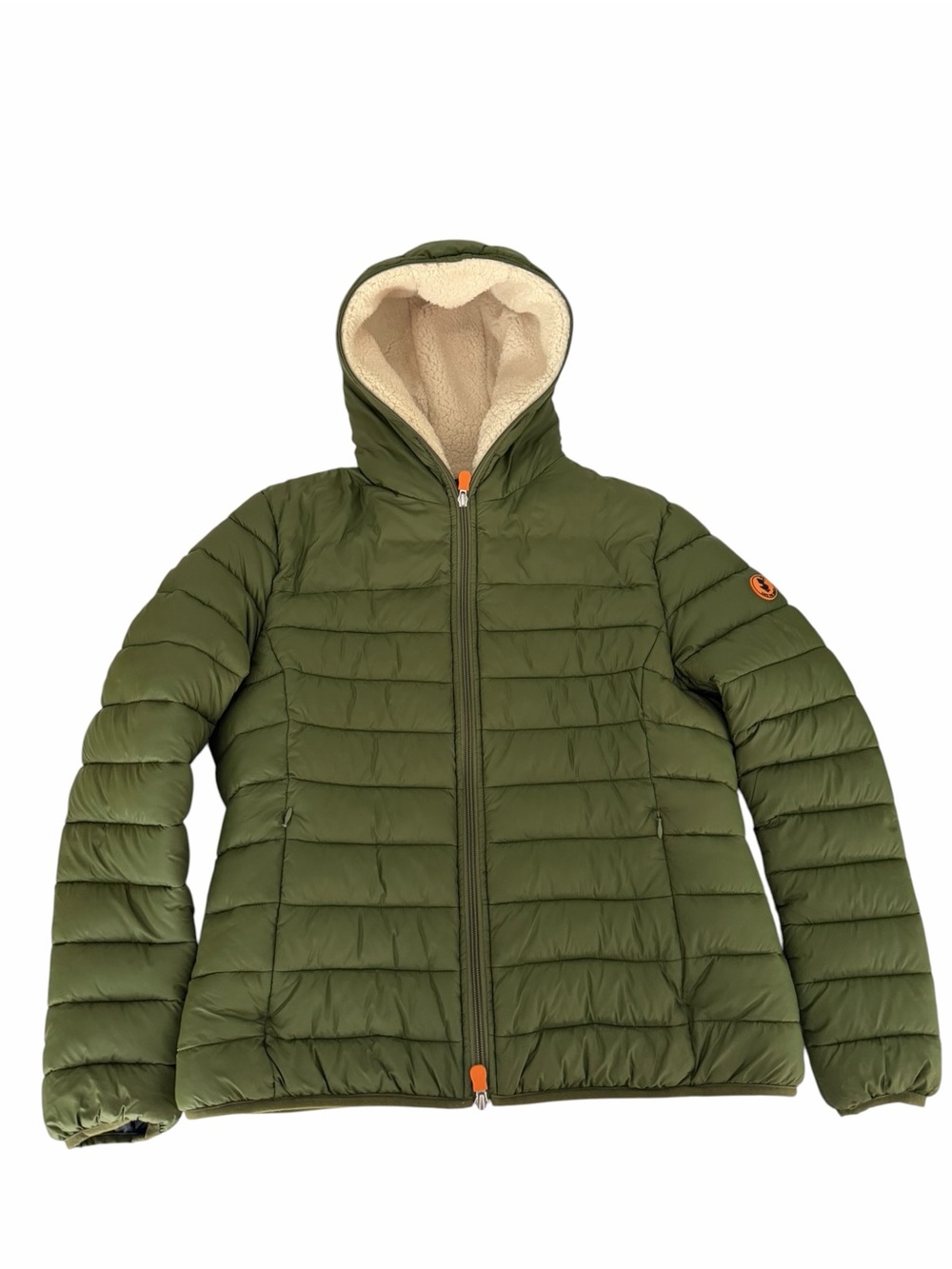 SAVE THE DUCK Olive Green Sherpa Lined Hooded Puffer Jacket size L